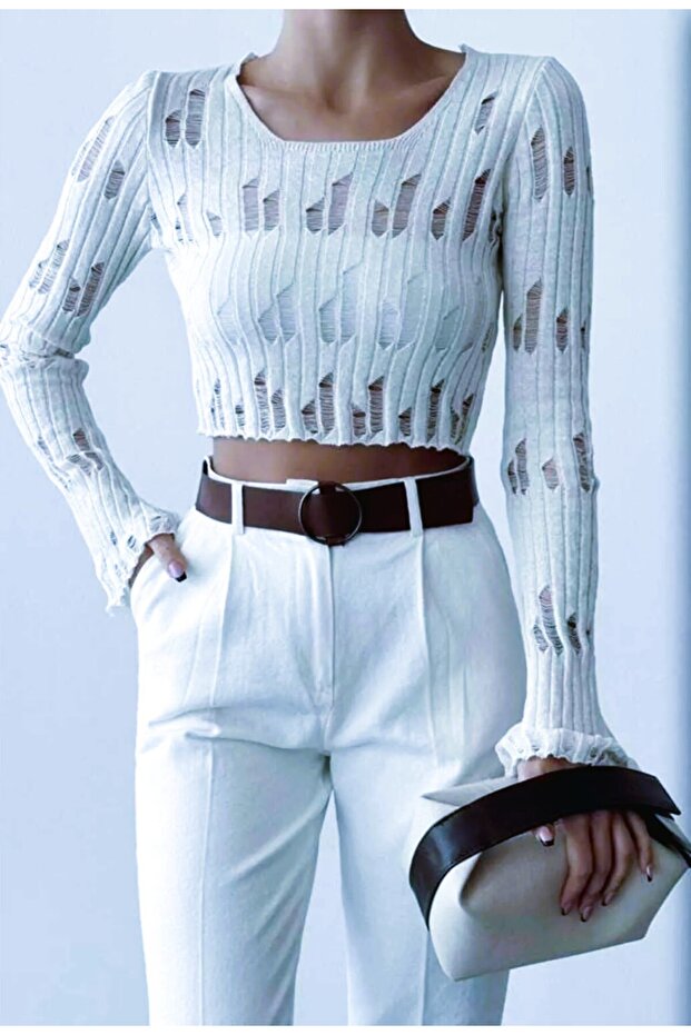 Low-Cut Crop Knit Sweater with Ripped Detail