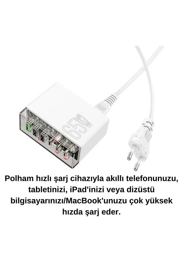 Hc Mega Hızlı 65w 3x Usb, 3x Pd Type C Girişli Çoklu Şarj Aleti, 1.2metre Güç Kablolu Başlık - 4