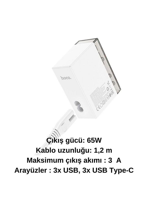 Hc Mega Hızlı 65w 3x Usb, 3x Pd Type C Girişli Çoklu Şarj Aleti, 1.2metre Güç Kablolu Başlık - 5