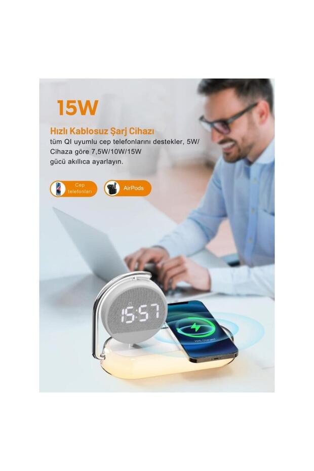 3in1 240mah 15w Kablosuz Şarj Ayarlanabilir Led Gece Lambası Masaüstü Dönebilen Çalar Saat - 6
