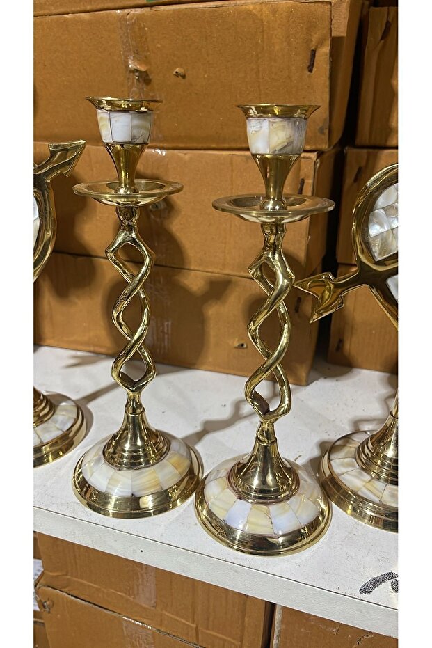 2’li Sedefli Pirinç Şamdan 21cm - 1