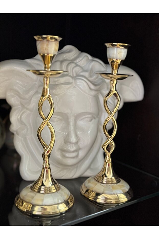 2’li Sedefli Pirinç Şamdan 21cm - 3