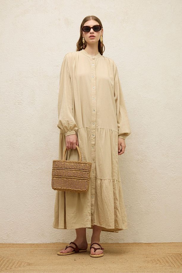 PAMUKLU OVERSIZE FORM ELBİSE BEJ - 1