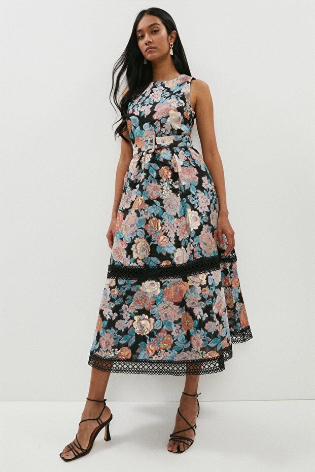 Jacquard Belted Midi Dress - Trim Detail BCC01015