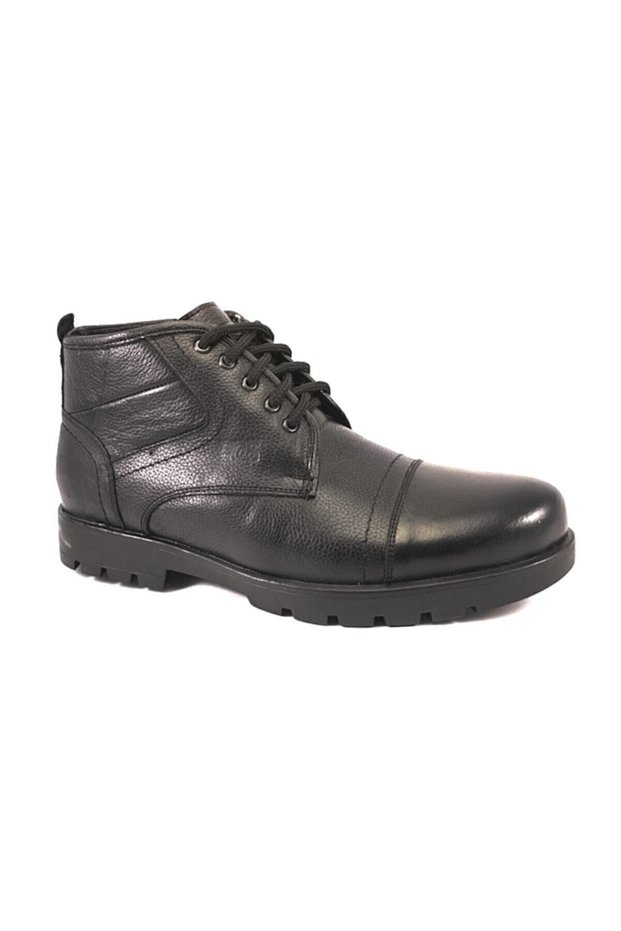 Men's Black Genuine Leather Boots with Tie and Side Zipper