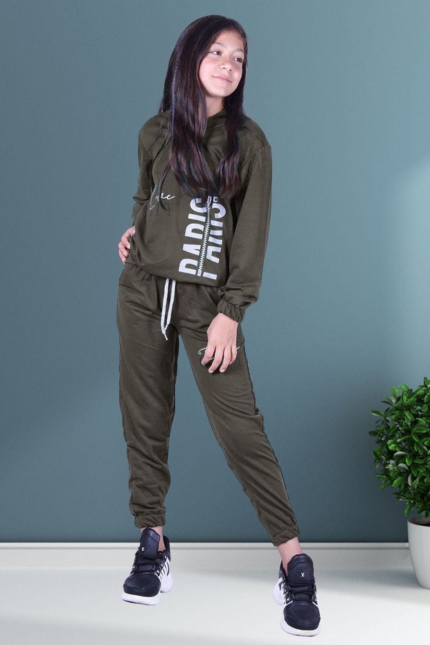 Love City Printed Zippered Girls' Hooded Double Pocket Khaki Green Tracksuit Set