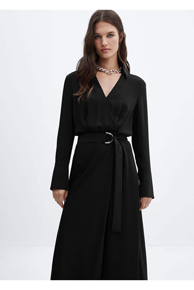 Düğmeli dökümlü elbise - 1