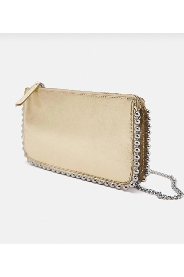 Women's Chain Studded Detailed Cross Strap Wallet Bag