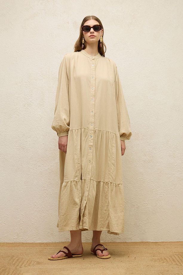 PAMUKLU OVERSIZE FORM ELBİSE BEJ - 5