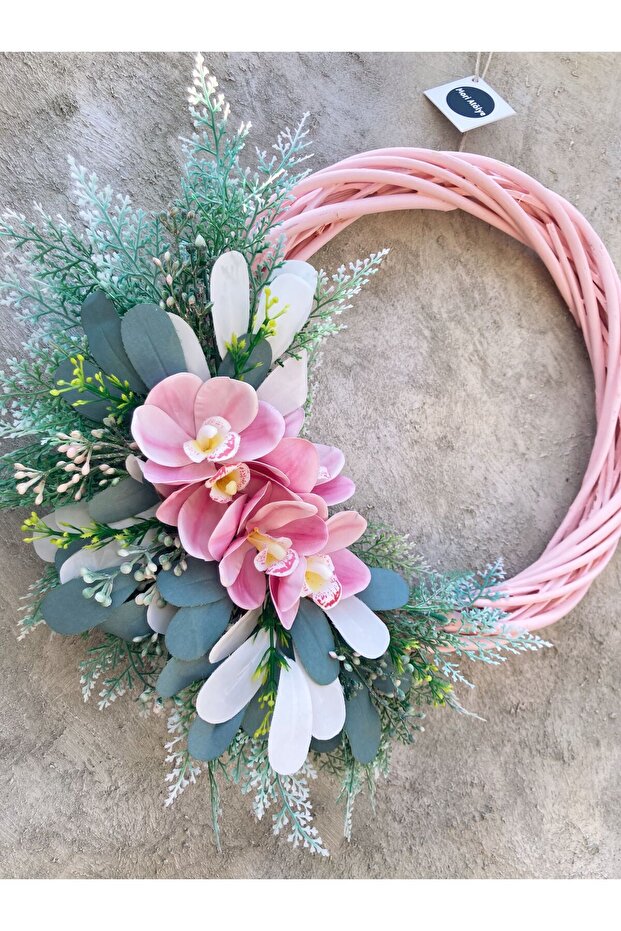 Pembe Bambu Çelenk Yeşil Bitkiler Pembe Orkide Çiçekli Kapı Süsü - 2