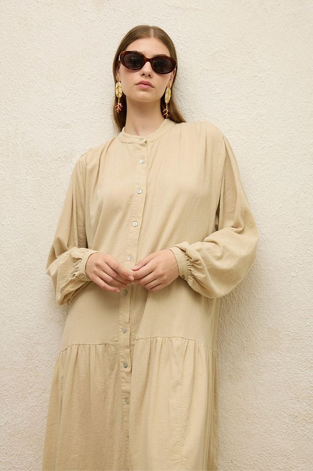 PAMUKLU OVERSIZE FORM ELBİSE BEJ - 3