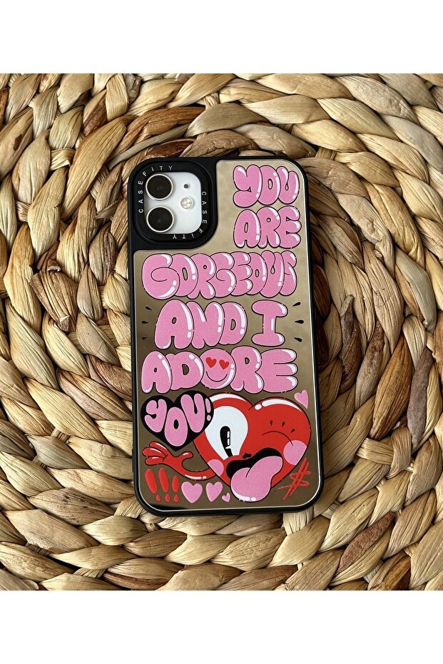iPhone 11 (6.1 Inch) Compatible Casefity Mirrored Case Pink Written Heart and Language Pattern Premium Cover