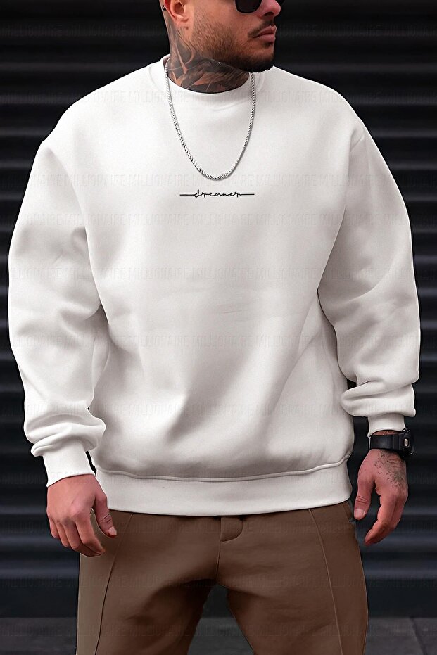 Men's White Dreamer Printed 0 Zero Collar Oversize Loose Fit Fleece Sweatshirt