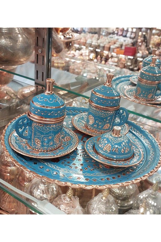 Bakır Fincan Takımı 2 Kişilik Fincan Takımı Bakır Osmanlı Desenli Türk Kahvesi Bakır Kahve Takımı - 3