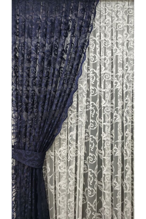 Tulle Background Curtain 2 Wings Tulle Background Curtain Lace-Up Model Ivy Pattern Dark Navy Blue