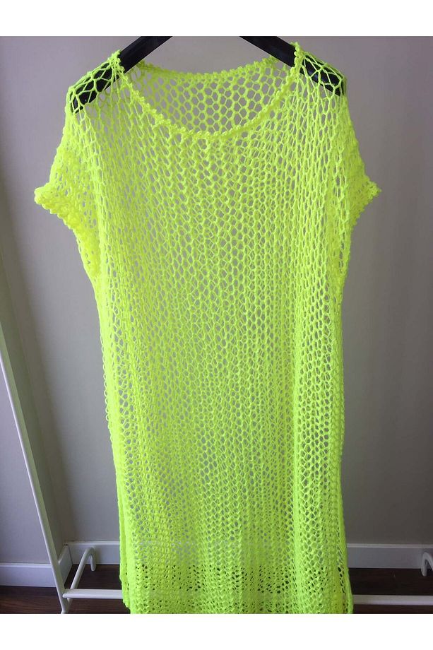 Mora Knit El Örgüsü Neon Sarı Mayo Bikini Üstü Yırtmaçlı Maxi  Özel Örgü Plaj Elbisesi - 5
