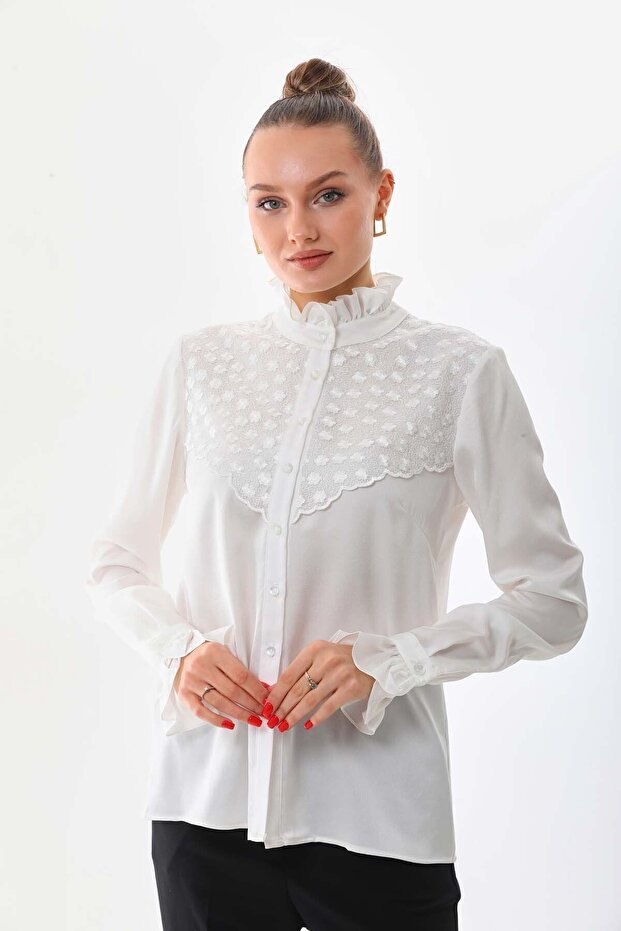 Women's Plus Size Floş Lace Slim Crepe Shirt