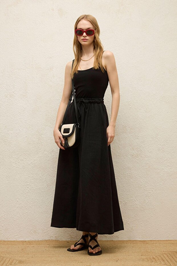Czarna lniana spódnica - luźny krój - 4