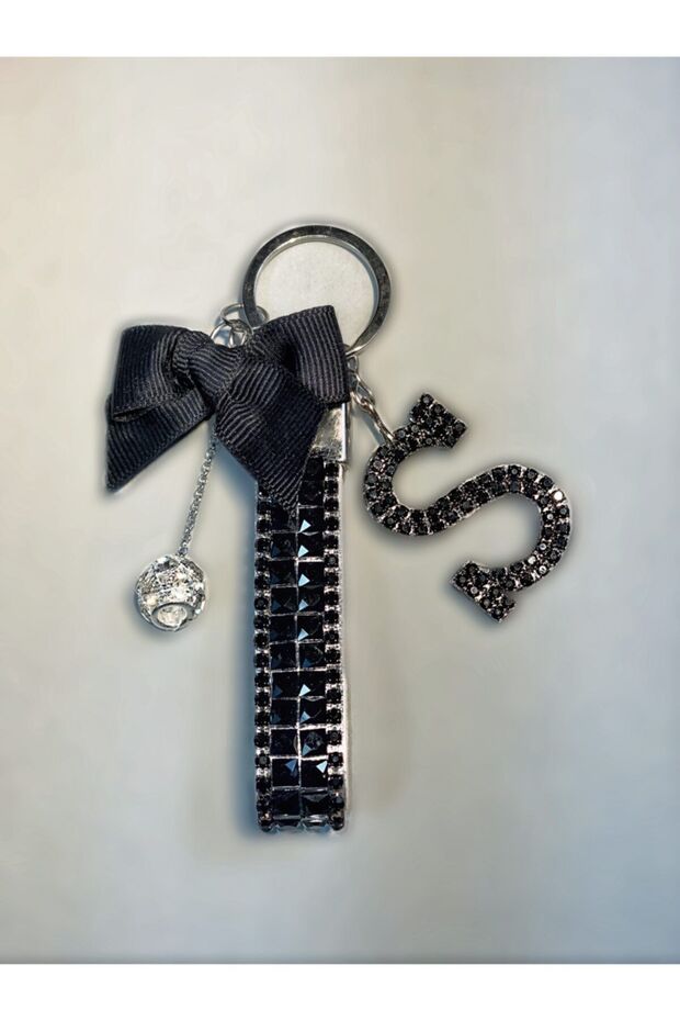 Black Baguette Black Meter Light Keychain Black Letter S Silver Tiny Ball Black Ribbon
