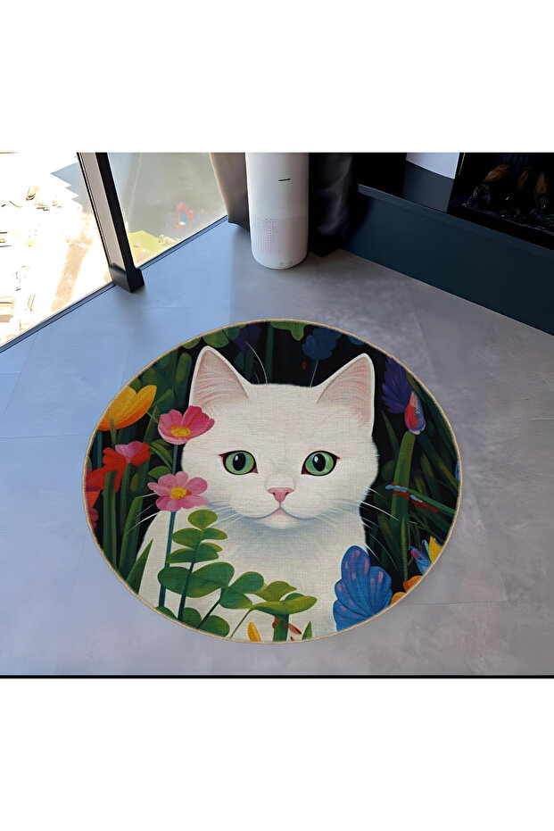 Mira Round Flower Detailed White Cat Patterned Modern Decorative Carpet 5530