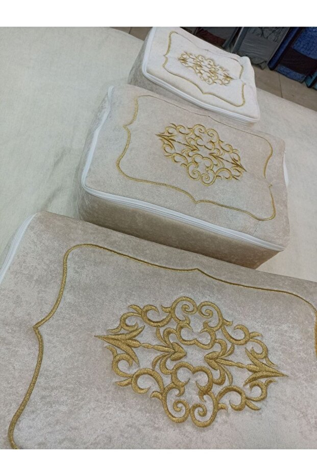 Dowry Velvet Gold Embroidered 3-Piece Bundle Engagement Bride Groom Storage Gold1