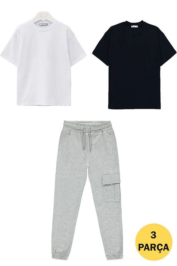 Buseyiz 3 parça kız erkek set 1 adet kargo cep eşofman altı 2 adet basic t-shirt 7-14 yaş - 1