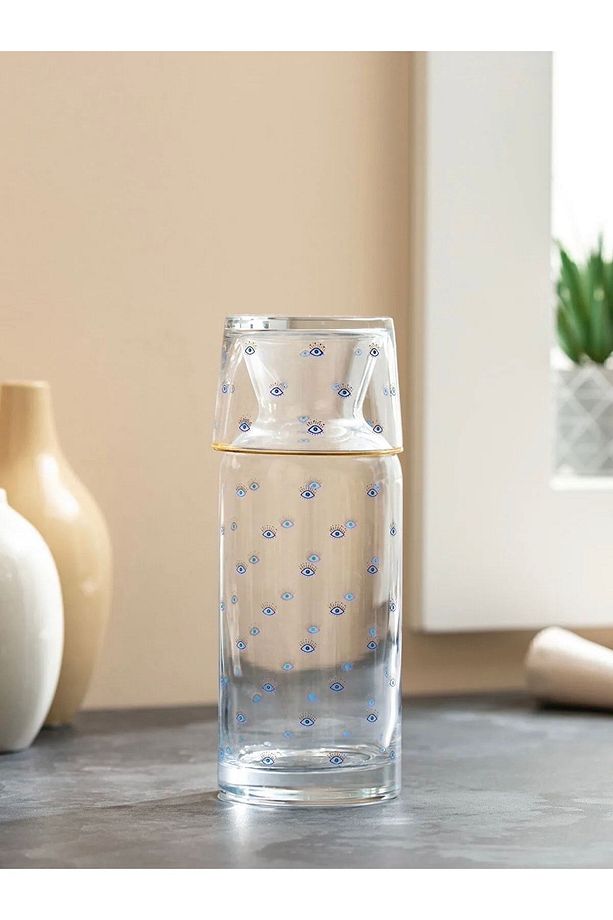 Göz Baskılı Bardak Kapaklı Cam Karaf Sürahi 700 Ml - 2