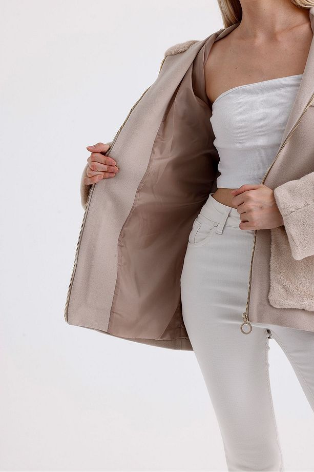 Kadın Bej Oversize Kapüşonlu Reglan Kol Mont - 6