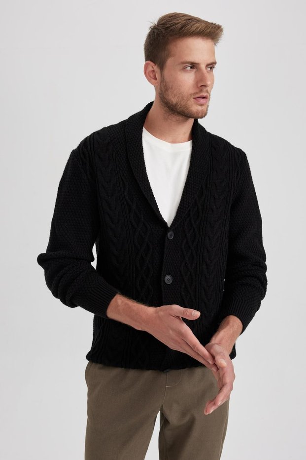Black Standard Fit Shawl Collar Knitted Detailed Buttoned Knitwear Cardigan X7969Az23Au