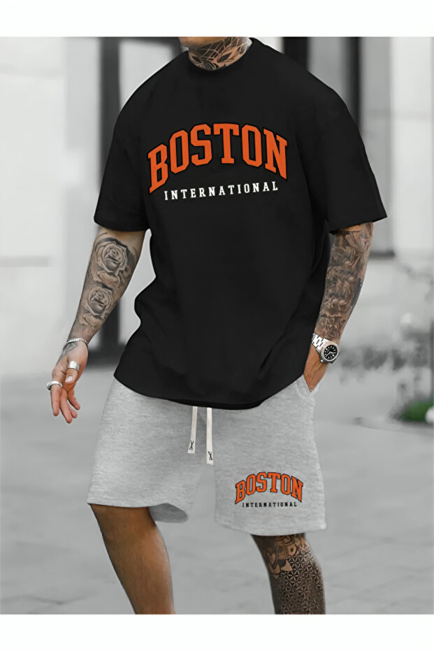 طقم تي شيرت وسروال قصير للرجال مكون من قطعتين من تي شيرت أساسي كبير الحجم من Boston International باللون الأحمر