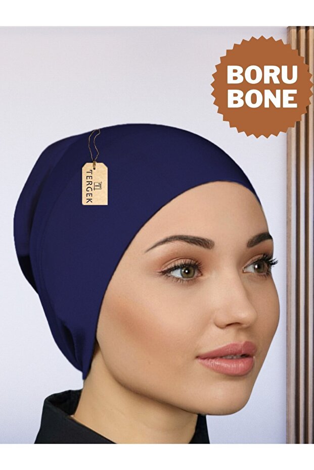 Pipe Bonnet Navy Blue Front Seamless Snap-on Ready Practical Lycra Combed Cotton Hijab Sports Shawl Scarf Bandana