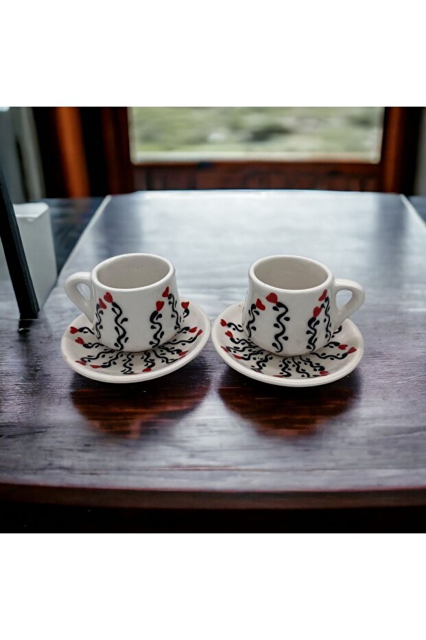 Heart Embossed Patterned Handmade Ceramic Cup 2-Pack - 1