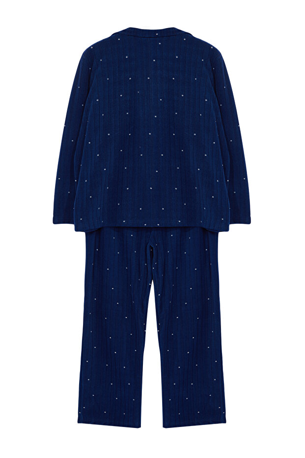 Lacivert Puantiyeli Gömlek Yaka Örme Pijama Takımı TBBAW25AI00035 - 4
