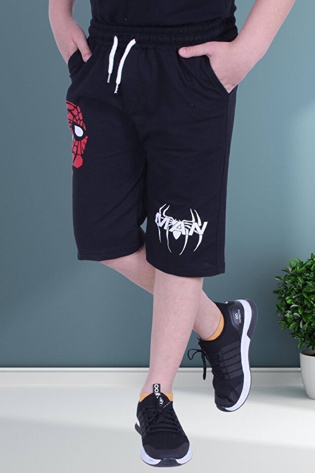 Spiderman Text Printed Wide Leg Cord Detailed Boys' Black Capri