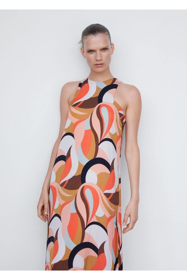 Patterned Halter Neck Long Dress - 1