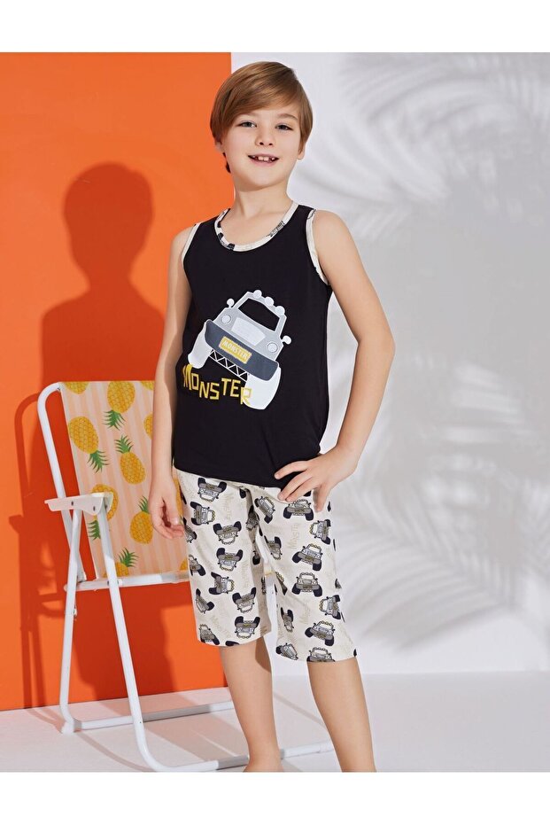 Boy's 100% Cotton Car Monster Truck Patterned Black Zero Sleeve Capri Summer Pajamas Set