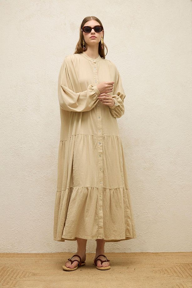 PAMUKLU OVERSIZE FORM ELBİSE BEJ - 4