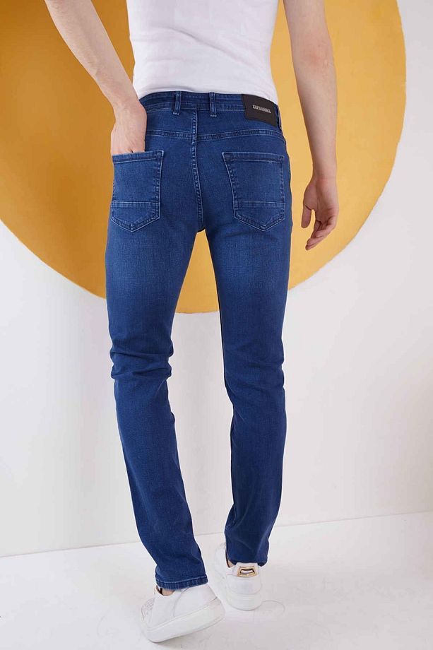 Erkek Mavi Düz Regular Fit Likralı Düz Paça Kot Pantolon - 4