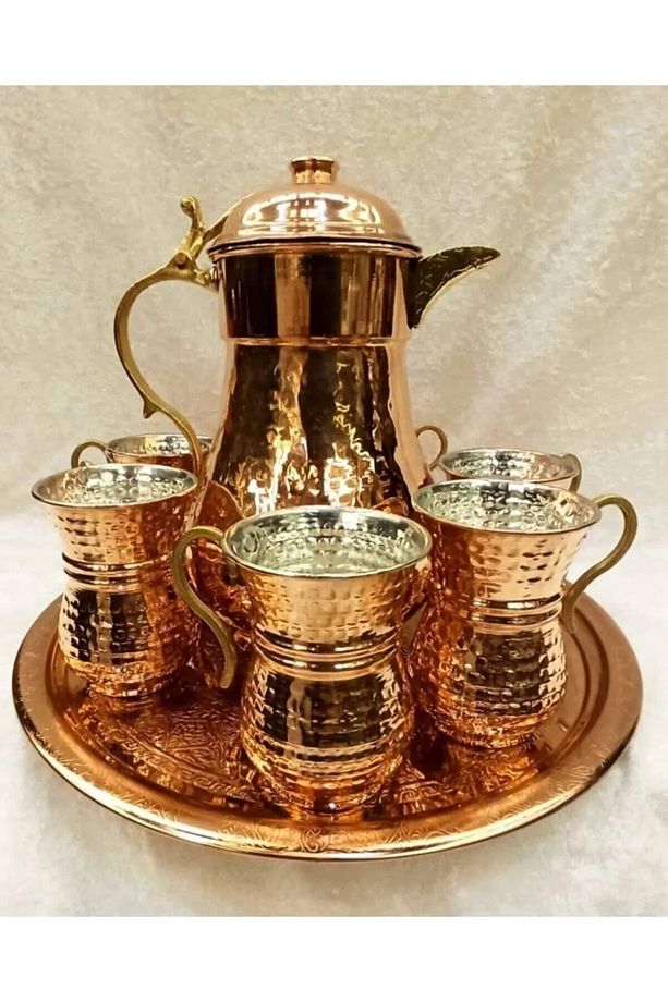 Bakır 6 Adet Ayran Bardagı & Sürahi Ve Tepsi Seti - 1
