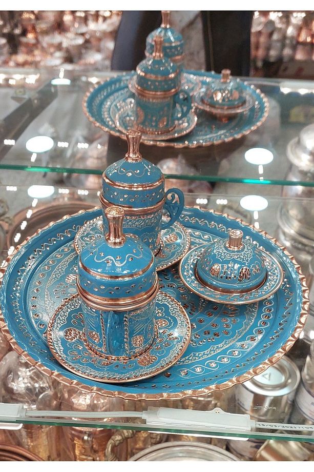 Bakır Fincan Takımı 2 Kişilik Fincan Takımı Bakır Osmanlı Desenli Türk Kahvesi Bakır Kahve Takımı - 5