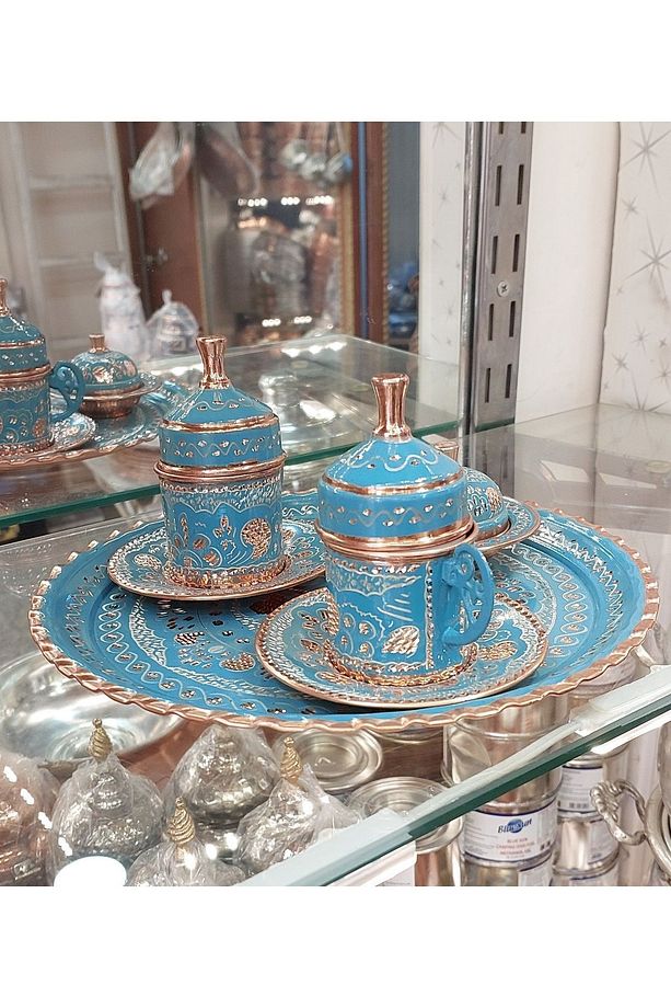 Bakır Fincan Takımı 2 Kişilik Fincan Takımı Bakır Osmanlı Desenli Türk Kahvesi Bakır Kahve Takımı - 4