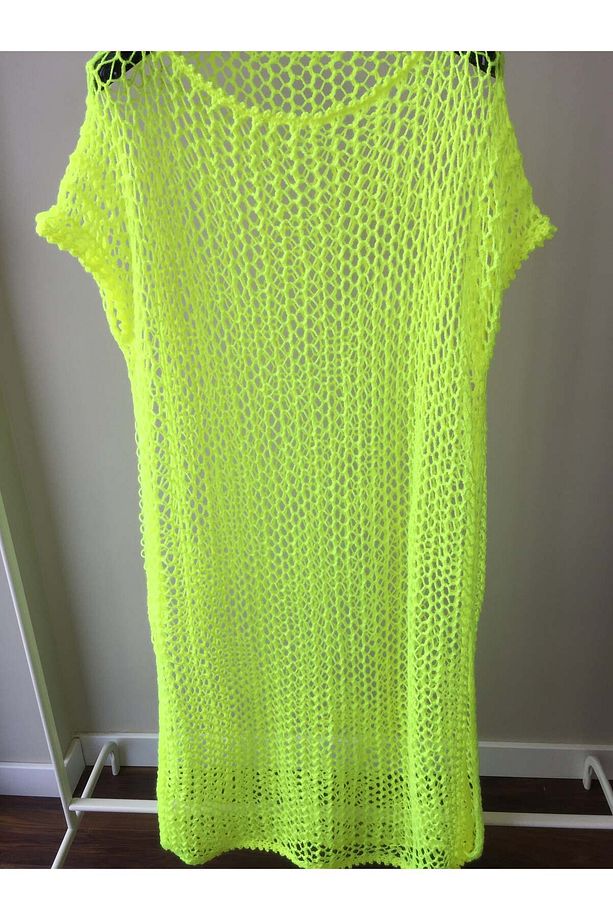 Mora Knit El Örgüsü Neon Sarı Mayo Bikini Üstü Yırtmaçlı Maxi  Özel Örgü Plaj Elbisesi - 7
