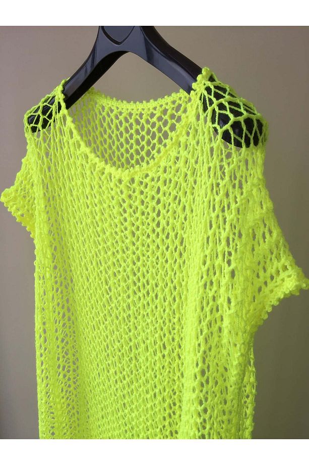 Mora Knit El Örgüsü Neon Sarı Mayo Bikini Üstü Yırtmaçlı Maxi  Özel Örgü Plaj Elbisesi - 1