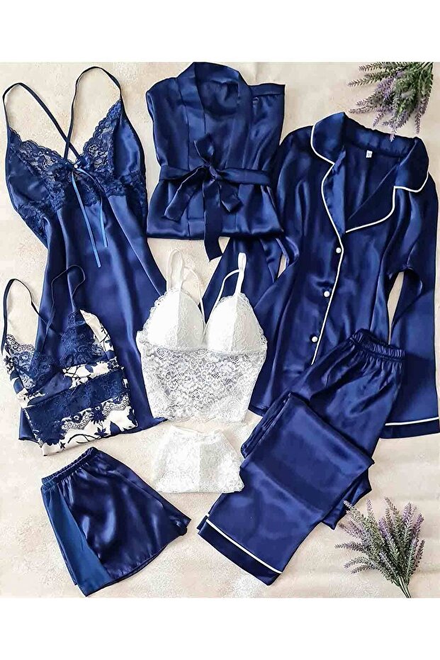 Navy Blue Silk Satin Boxed 8 Piece Giant Bridal Set 6652