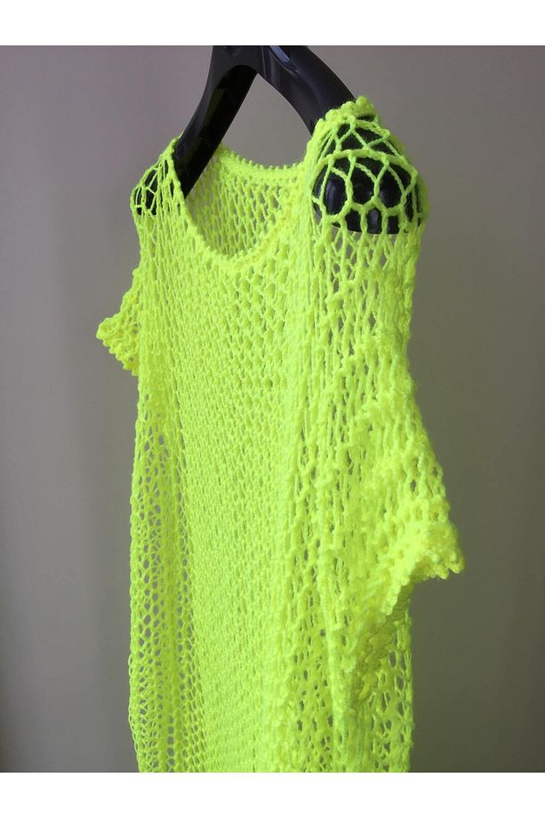 Mora Knit El Örgüsü Neon Sarı Mayo Bikini Üstü Yırtmaçlı Maxi  Özel Örgü Plaj Elbisesi - 6