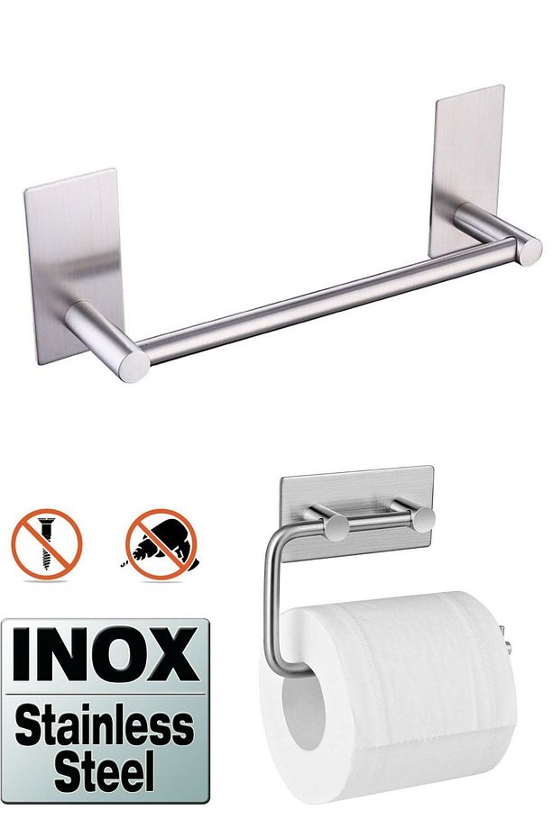 Paslanmaz Çelik Yapışkanlı Havluluk 30cm Ve Tuvalet Kağıtlığı Set Kolay Montaj Vida Yok - 1