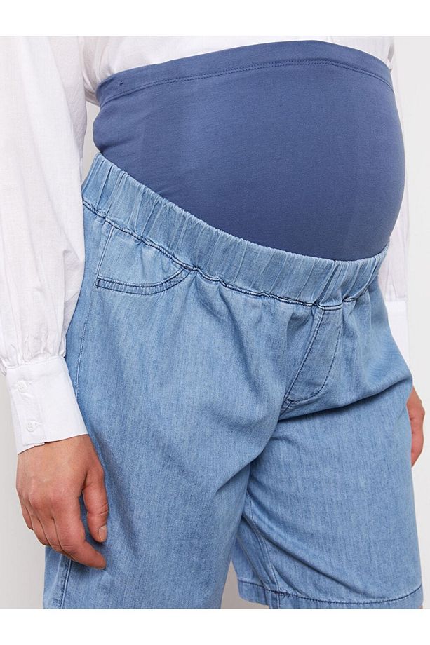 Karın Panelli Beli Lastikli Düz Hamile Jean Şort - 3