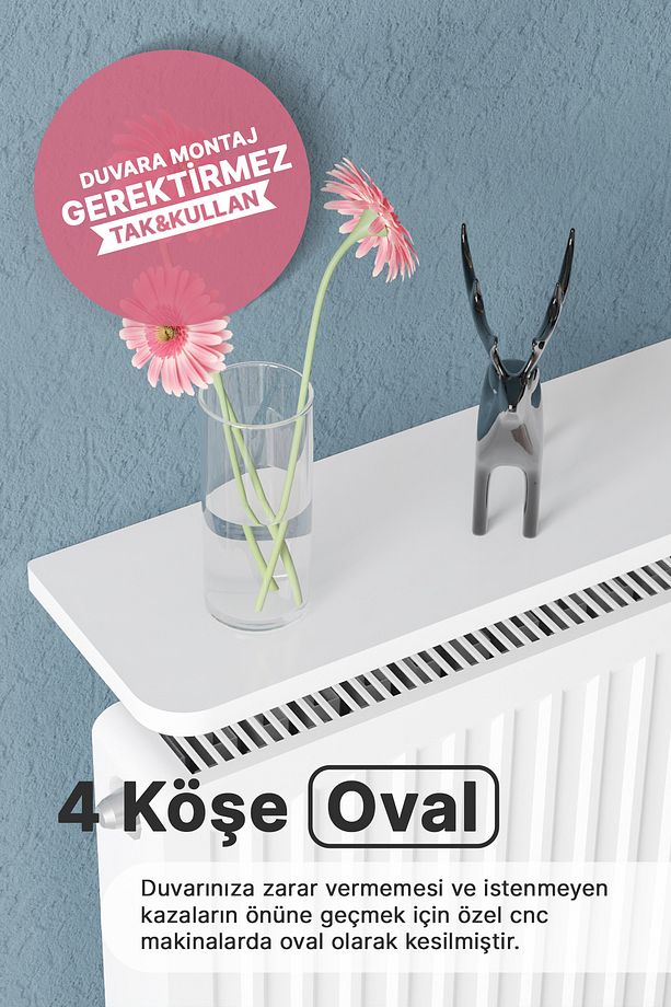 Montajsız Petek Üstü Uçan Raf Dresuar Kalorifer Peteği Rafı Kitaplık 140 X 18 Cm Beyaz Oval Kesim - 5