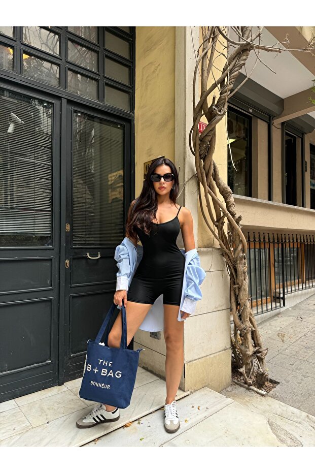 Kadın Siyah Askılı Şort Tulum - 4