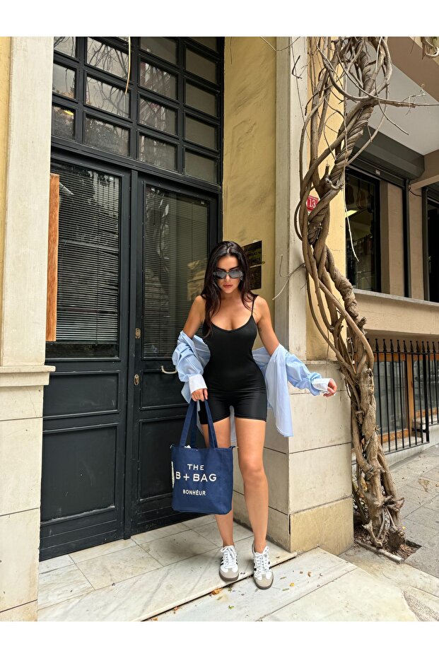 Kadın Siyah Askılı Şort Tulum - 2